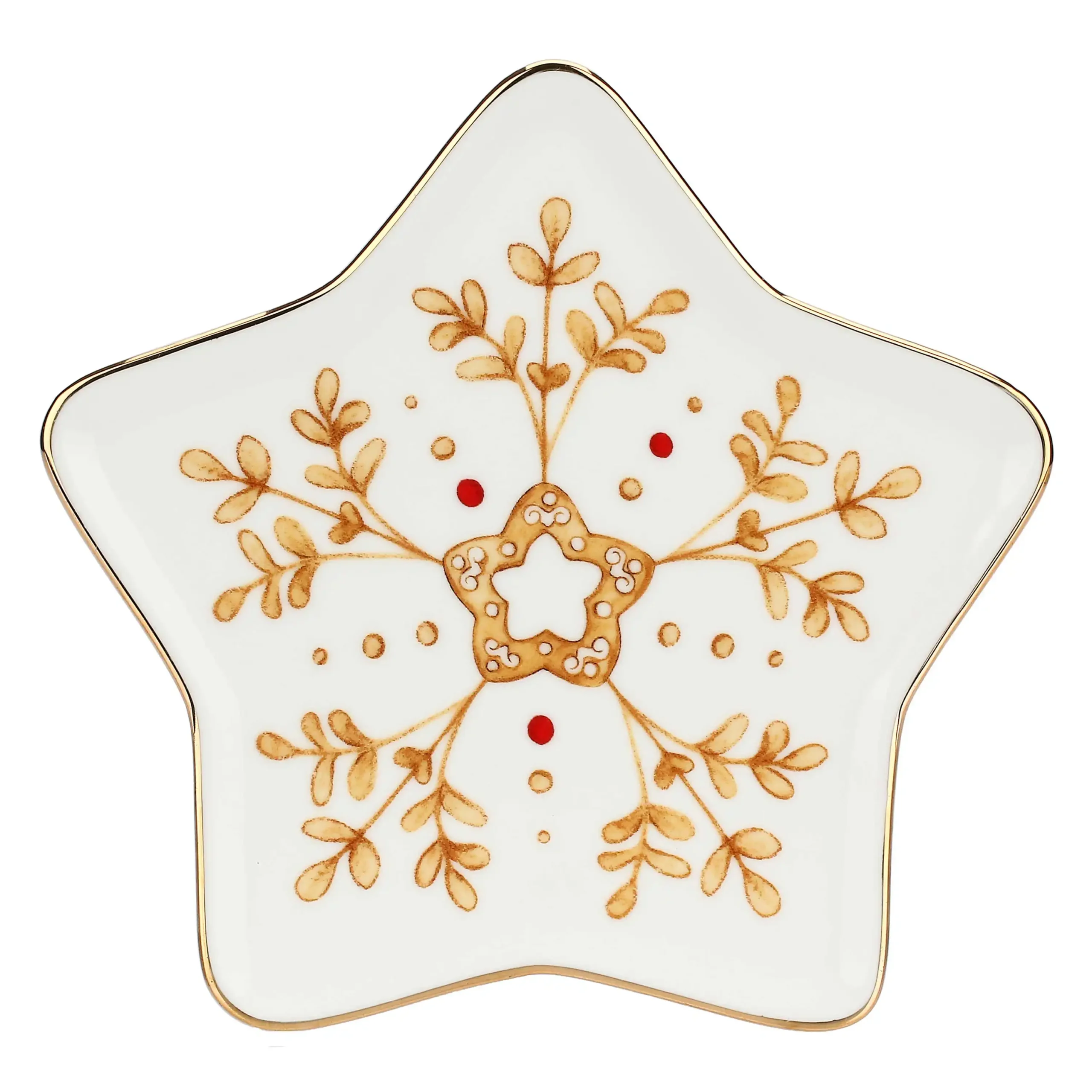 Brandani Alzata Connubio A Due Piani A Forma Di Stella, Porcellana Rossa E Metallo Oro Satinato, 28x28x24h Cm, Natalizia